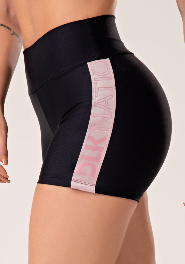 Short Fitness Feminino Preto Com Elástico Lateral Rosa Claro Nation Dlk