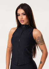 Colete Fitness Feminino Preto Com Zíper E Recortes Aura Dlk