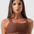 Top Fitness Feminino Com Bojo E Alças De Elástico Com Tule Nas Costas Activity Dlk Marrom