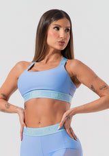 Top Fitness Feminino Com Bojo E Alças De Elástico Com Tule Nas Costas Activity Dlk Azul