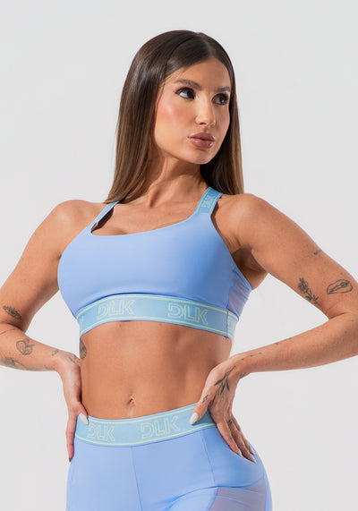Top Fitness Feminino Com Bojo E Alças De Elástico Com Tule Nas Costas Activity Dlk Azul