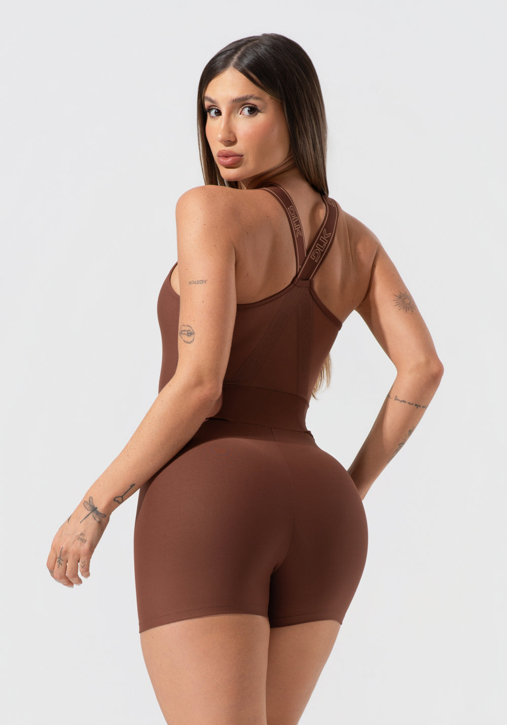 Macaquinho Feminino Fitness Com Alças De Elástico E Tule Nas Costas Activity Dlk Marrom