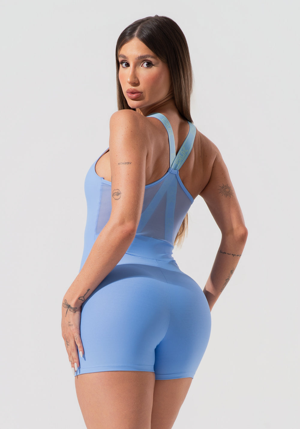 Macaquinho Feminino Fitness Com Alças De Elástico E Tule Nas Costas Activity Dlk Azul