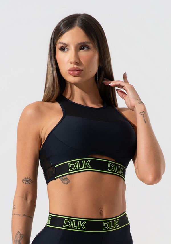 Top Fitness Feminino Com Elástico Na Base E Tule Activity Dlk Preto