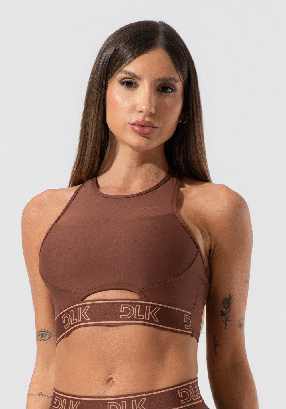 Top Fitness Feminino Com Elástico Na Base E Tule Activity Dlk Marrom