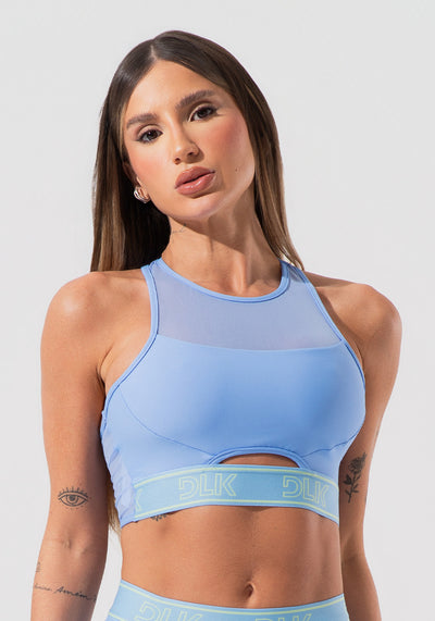 Top Fitness Feminino Com Elástico Na Base E Tule Activity Dlk Azul