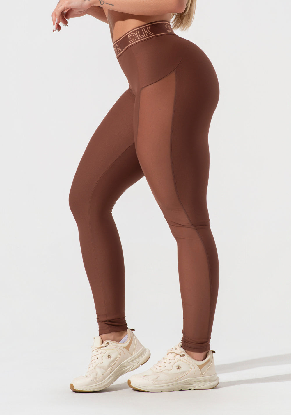 Legging Fitness Feminina Com Elástico No Cós E Tule Lateral Activity Dlk Marrom
