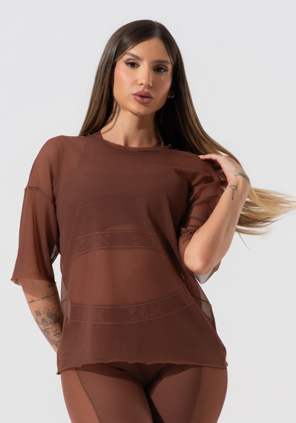 Blusa T-shirt Fitness Feminina De Tule Activity Dlk Marrom