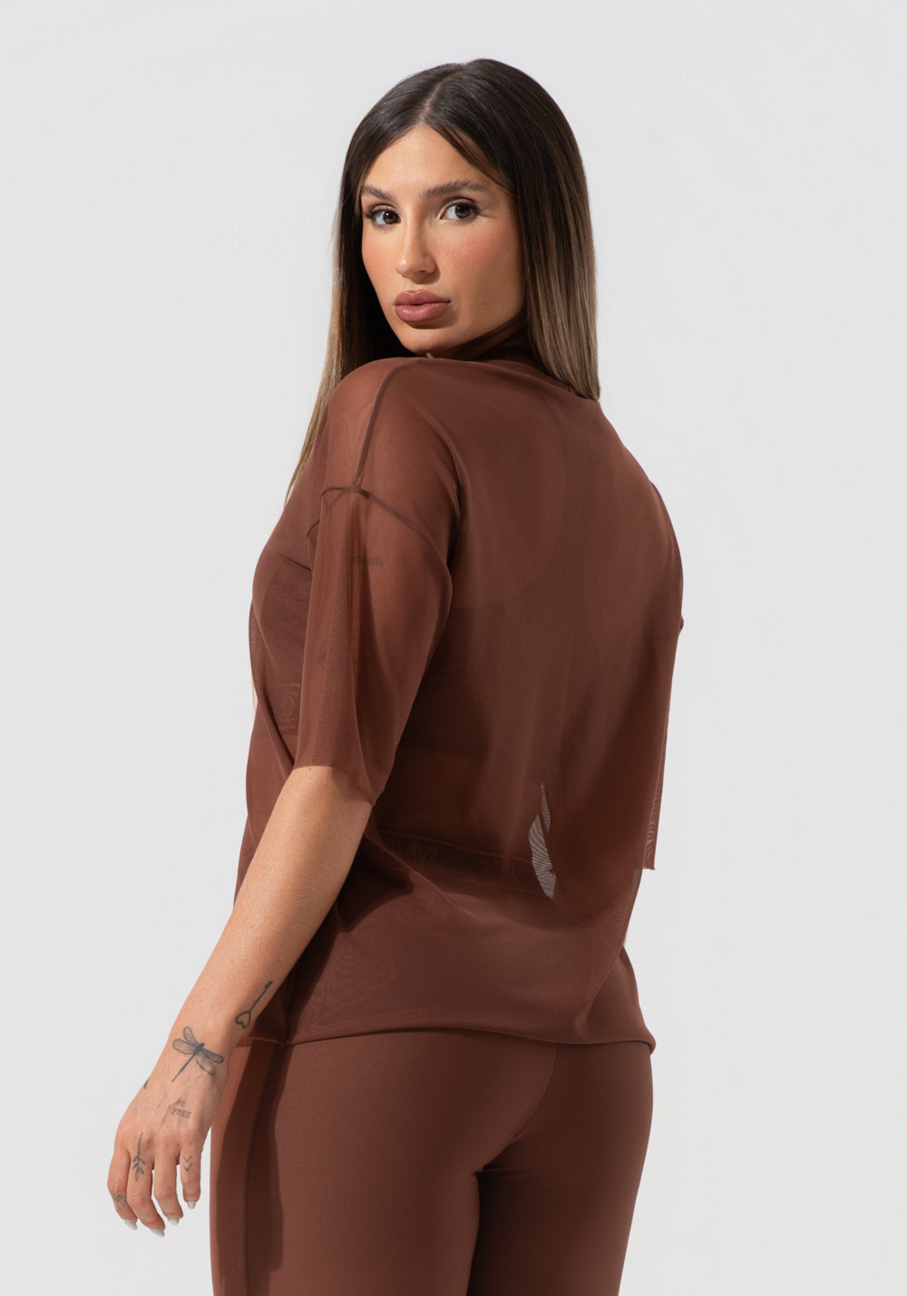 Blusa T-shirt Fitness Feminina De Tule Activity Dlk Marrom