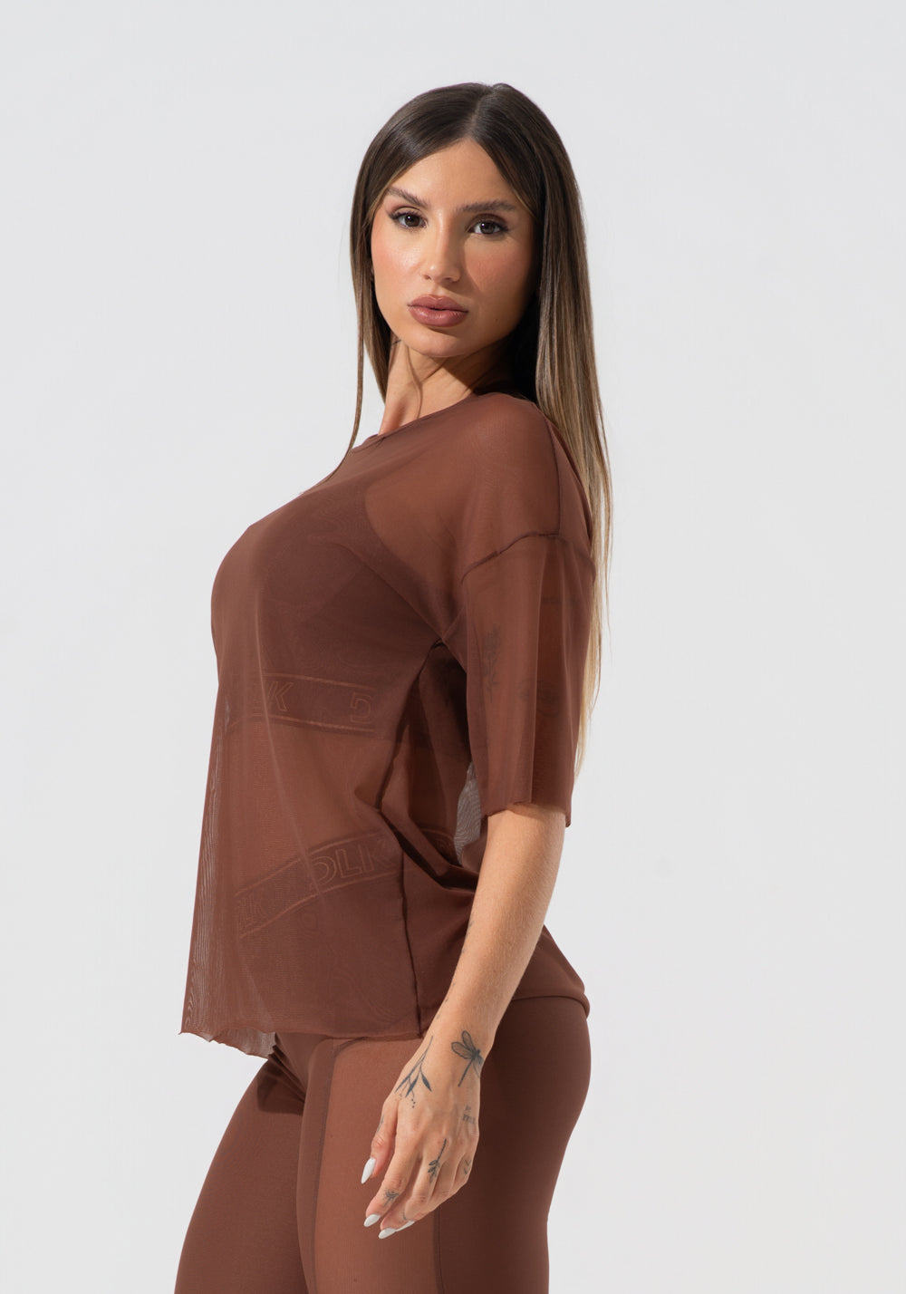 Blusa T-shirt Fitness Feminina De Tule Activity Dlk Marrom