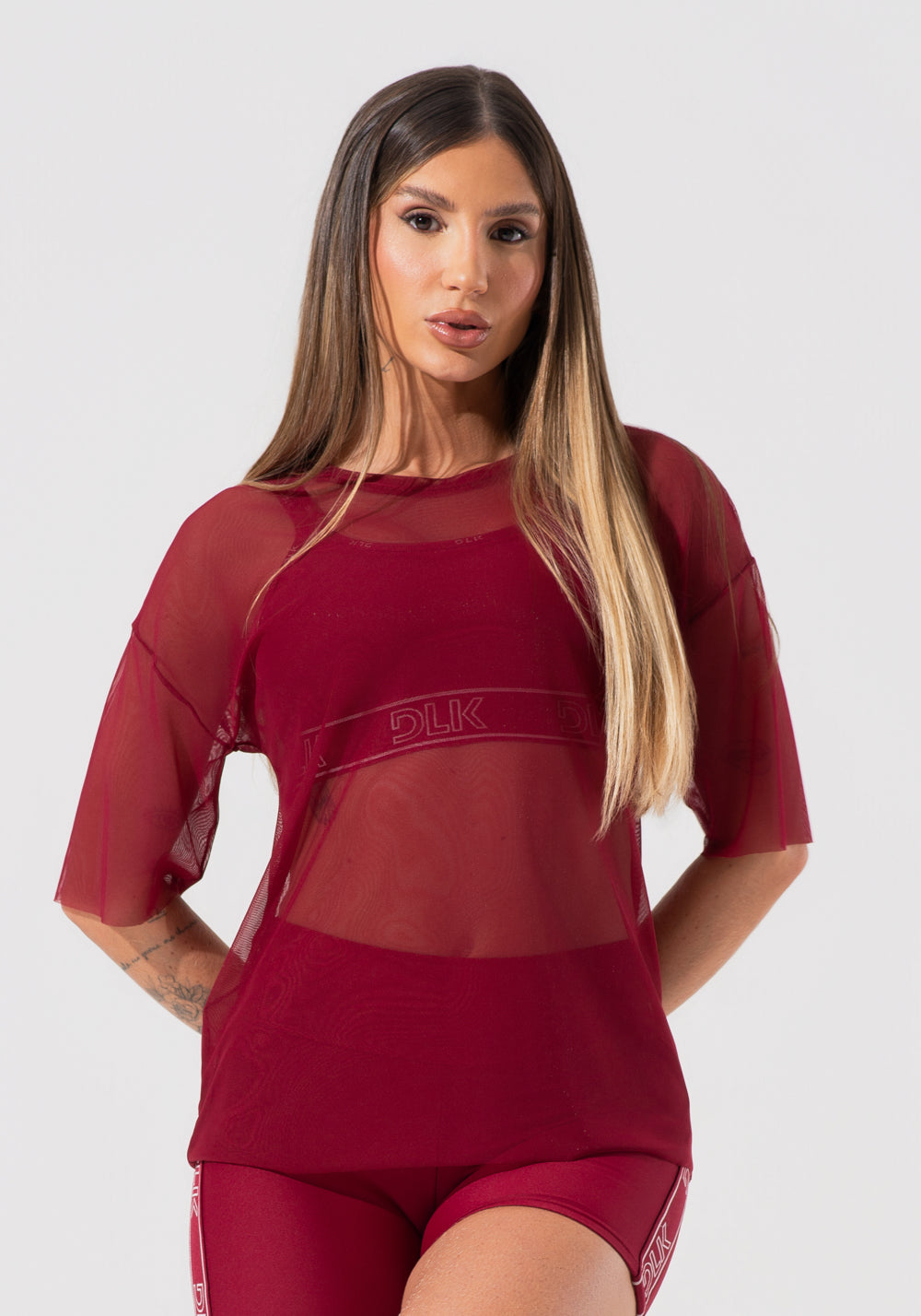 Blusa T-shirt Fitness Feminina De Tule Activity Dlk Vermelho Cereja