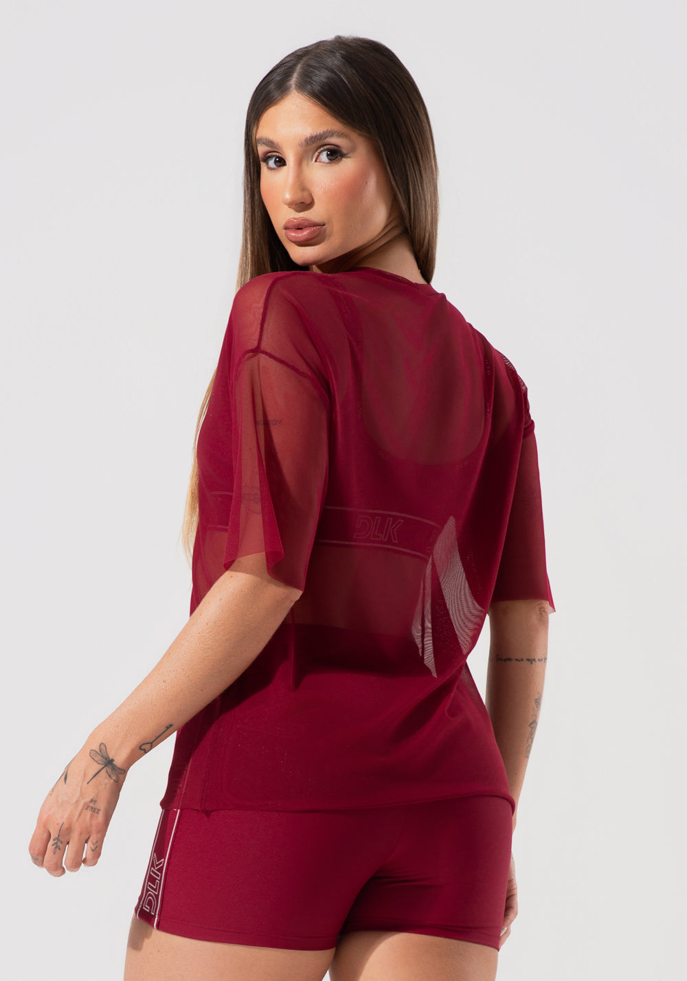 Blusa T-shirt Fitness Feminina De Tule Activity Dlk Vermelho Cereja