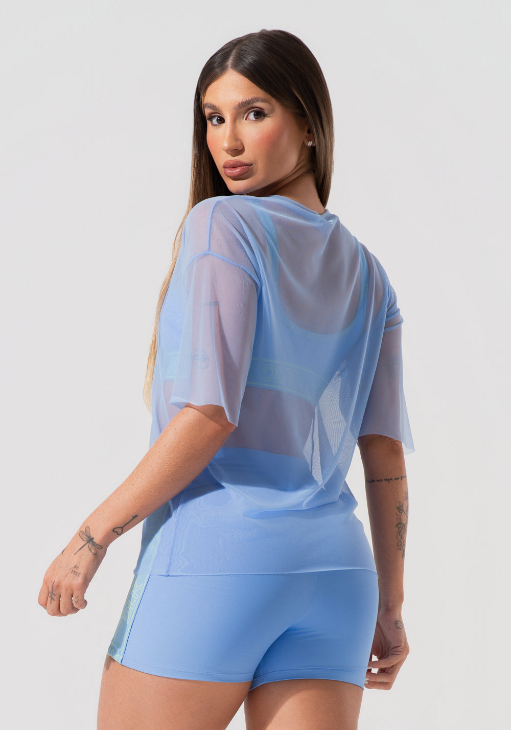 Blusa T-shirt Fitness Feminina De Tule Activity Dlk Azul