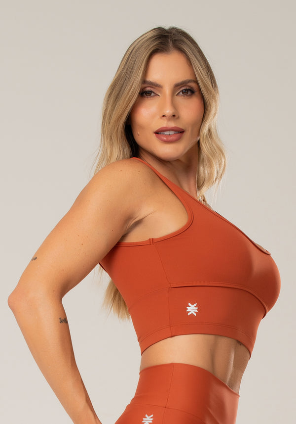 Top Fitness Feminino Terracota Com Alças Largas E Recortes Lush Dlk