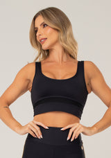 Top Fitness Feminino Preto Com Detalhe Em Tela Lush Dlk