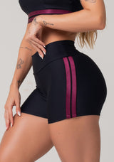 Short Fitness Feminino Preto Com Elástico Lateral Listrado Roxo Nation Dlk