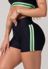 Short Fitness Feminino Preto Com Elástico Lateral Listrado Verde Nation Dlk