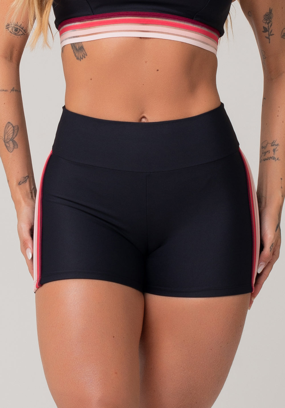 Short Fitness Feminino Preto Com Elástico Lateral Degradê Rosa Nation Dlk