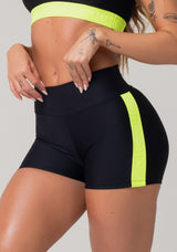 Short Fitness Feminino Preto Com Elástico Lateral Amarelo Neon Energy Dlk