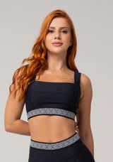 Top Fitness Feminino Preto com Decote Reto e Elástico Étnico Nation Dlk