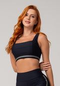 Top Fitness Feminino Preto Com Decote Reto E Elástico Listrado Mescla Nation Dlk