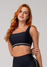 Top Fitness Feminino Preto Com Decote Reto E Elástico Listrado Mescla Nation Dlk