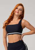 Top Fitness Feminino Preto Com Decote Reto E Elástico Listrado Branco Nation Dlk