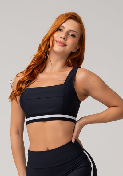 Top Fitness Feminino Preto Com Decote Reto E Elástico Listrado Branco Nation Dlk