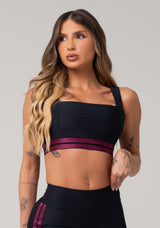 Top Fitness Feminino Preto Com Decote Reto E Elástico Listrado Roxo Nation Dlk