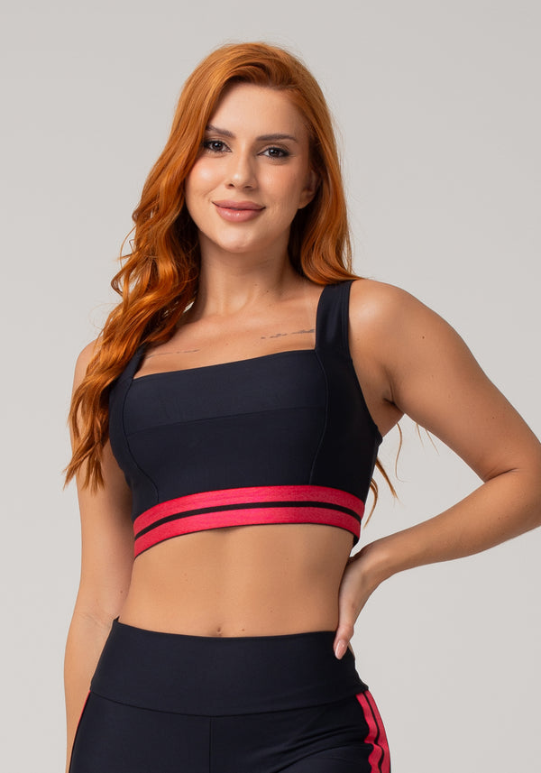 Top Fitness Feminino Preto Com Decote Reto E Elástico Listrado Rosa Nation Dlk