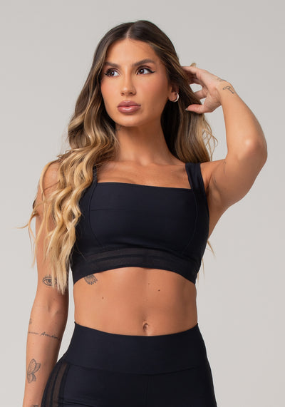 Top Fitness Feminino Preto Com Decote Reto E Elástico Furadinho Nation Dlk