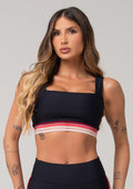 Top Fitness Feminino Preto Com Decote Reto E Elástico Degradê Rosa Nation Dlk
