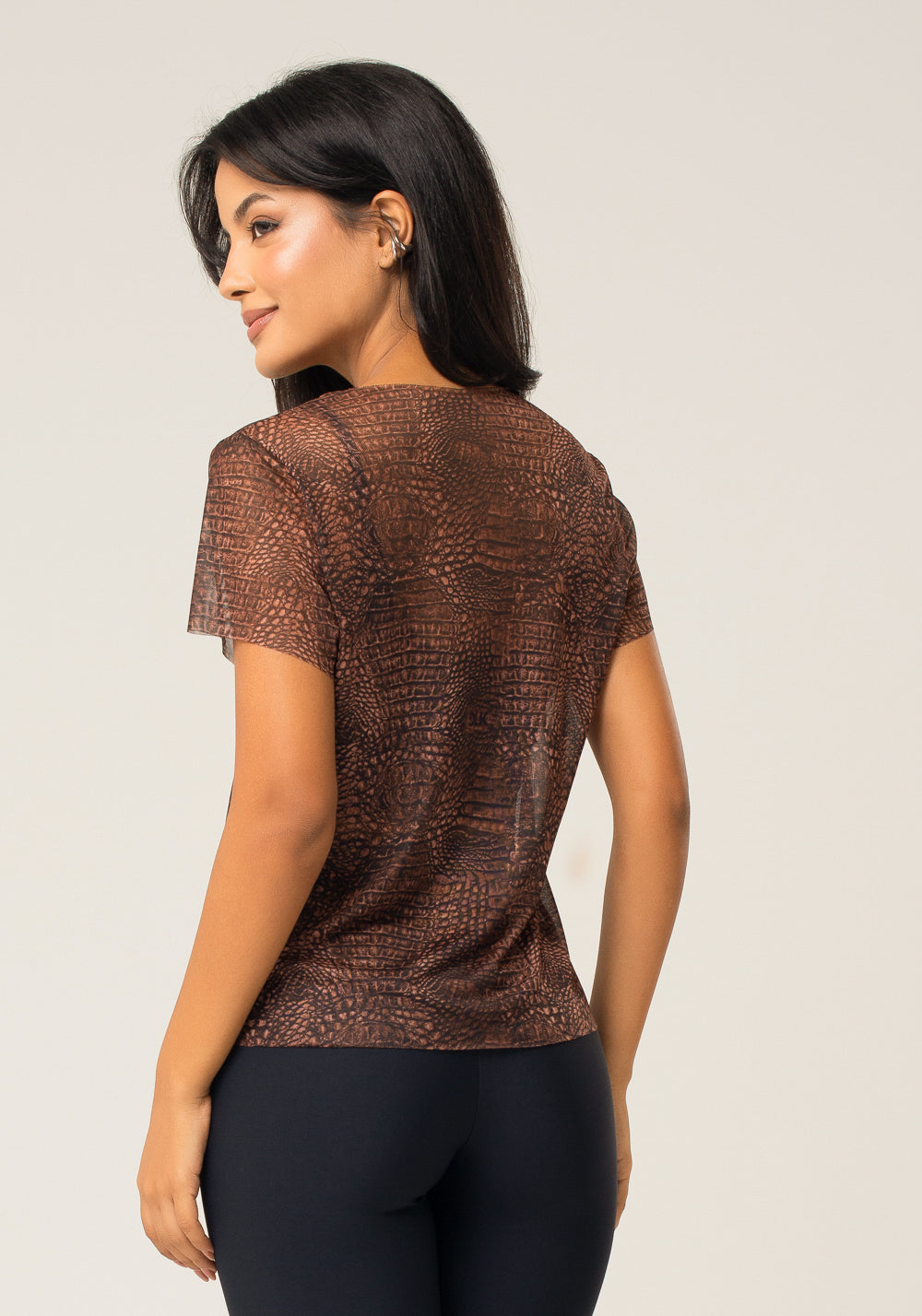 Blusa Baby Look Feminina De Tule Estampada Croco Animal Printed Dlk