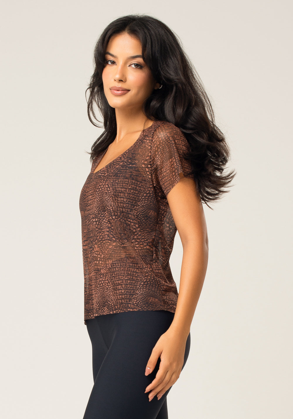 Blusa Baby Look Feminina De Tule Estampada Croco Animal Printed Dlk