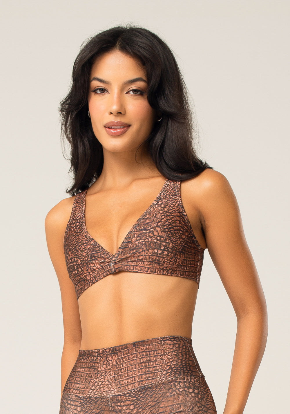 Top Fitness Feminino Decote V Transpassado Estampado Croco Animal Printed Dlk
