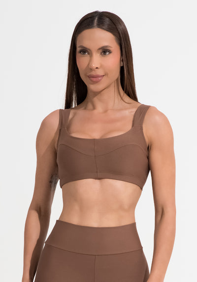 Top Fitness Feminino Marrom Com Alça Larga E Recortes Aura Dlk