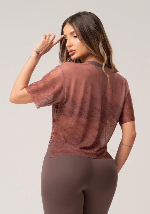 Blusa Feminina De Tule Estampada Authentic Marrom Printed Dlk
