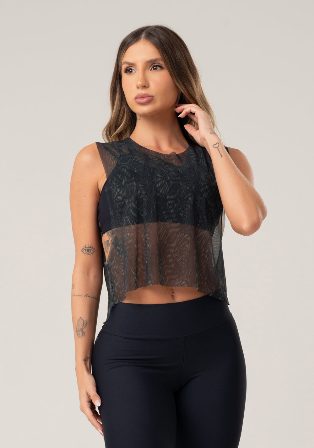 Cropped Feminino De Tule Estampado Energy Verde Printed Dlk