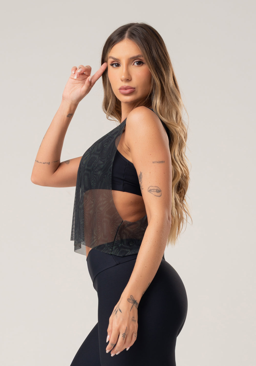Cropped Feminino De Tule Estampado Energy Verde Printed Dlk