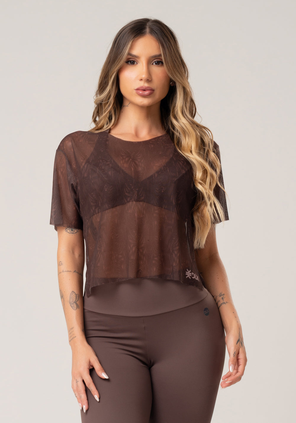 Blusa Feminina De Tule Estampada Energy Marrom Printed Mousse Dlk
