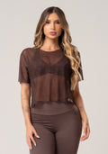 Blusa Feminina De Tule Estampada Energy Marrom Printed Mousse Dlk