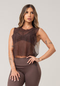 Cropped Feminino De Tule Estampado Energy Marrom Printed Mousse Dlk