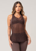 Camiseta Feminina De Tule Com Abertura Lateral Estampada Energy Marrom Printed Mousse Dlk
