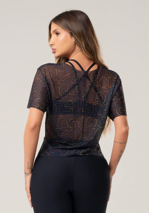 Blusa Feminina De Tule Estampada Logomania Colorido Printed Dlk
