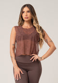 Cropped Feminino De Tule Estampado Logomania Marrom Printed Mousse Dlk