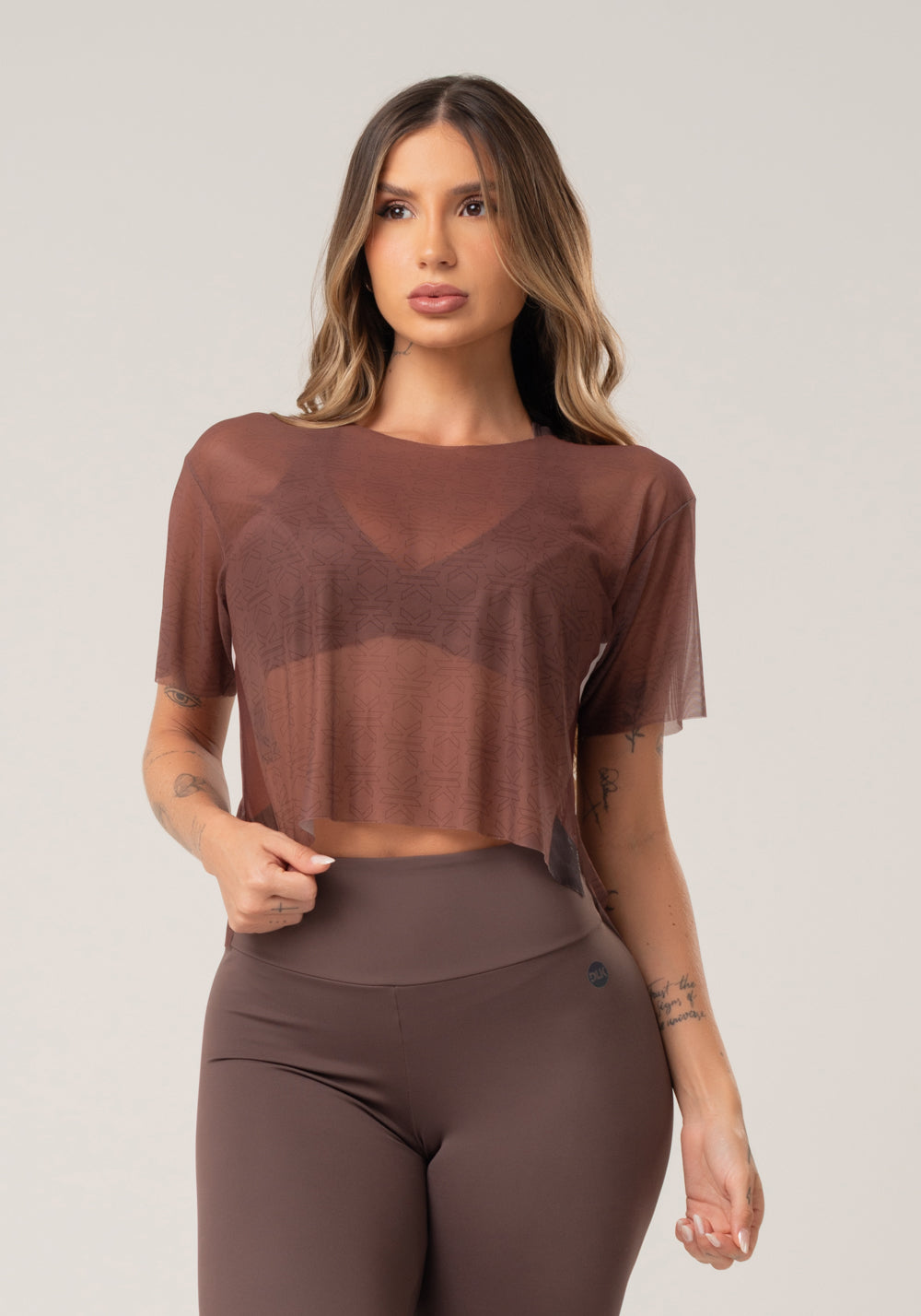 Blusa Feminina De Tule Estampada Motivation Marrom Printed Mousse Dlk