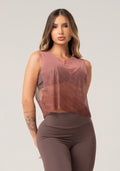 Cropped Feminino De Tule Estampado Authentic Marrom Printed Dlk