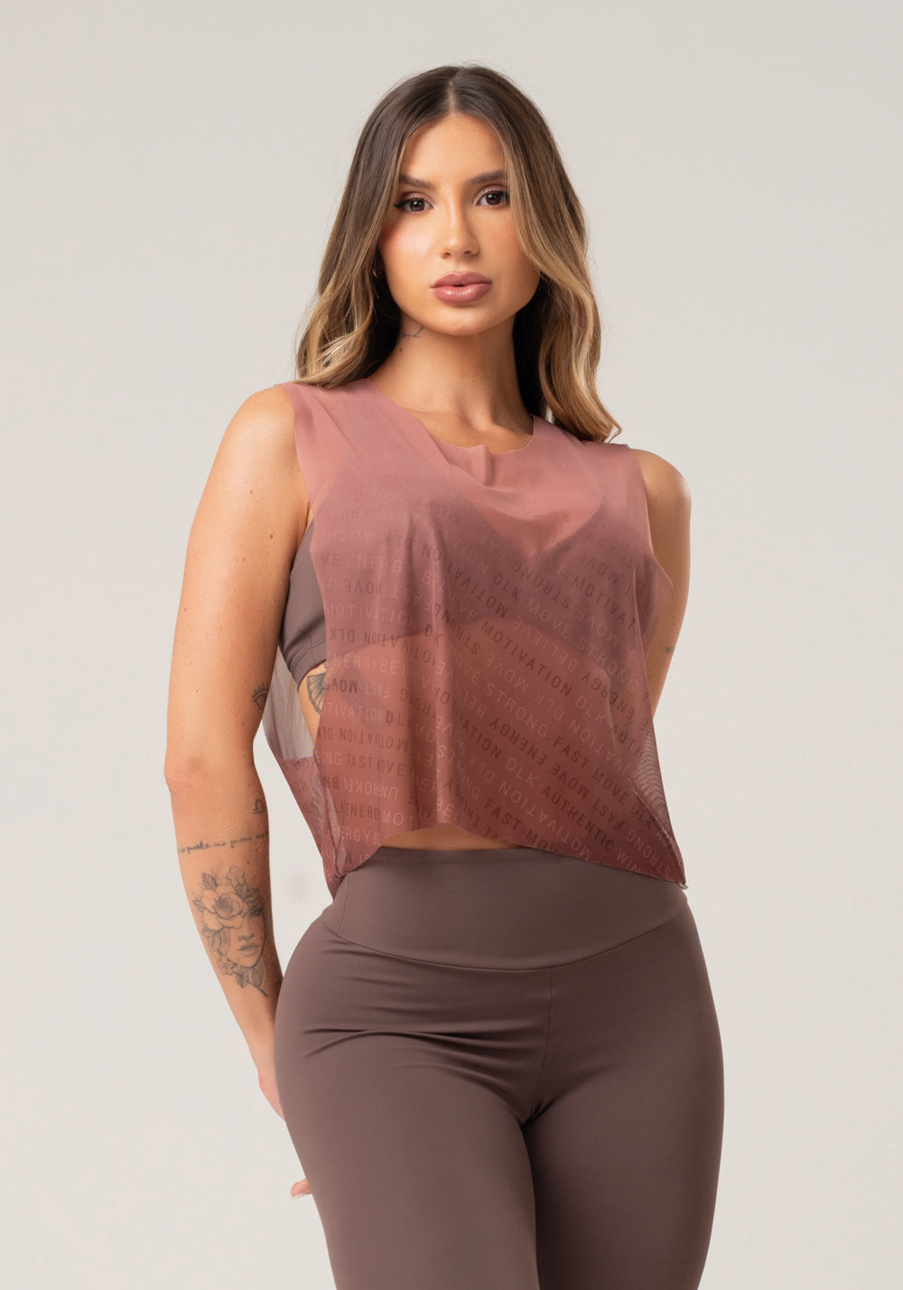 Cropped Feminino De Tule Estampado Authentic Marrom Printed Dlk