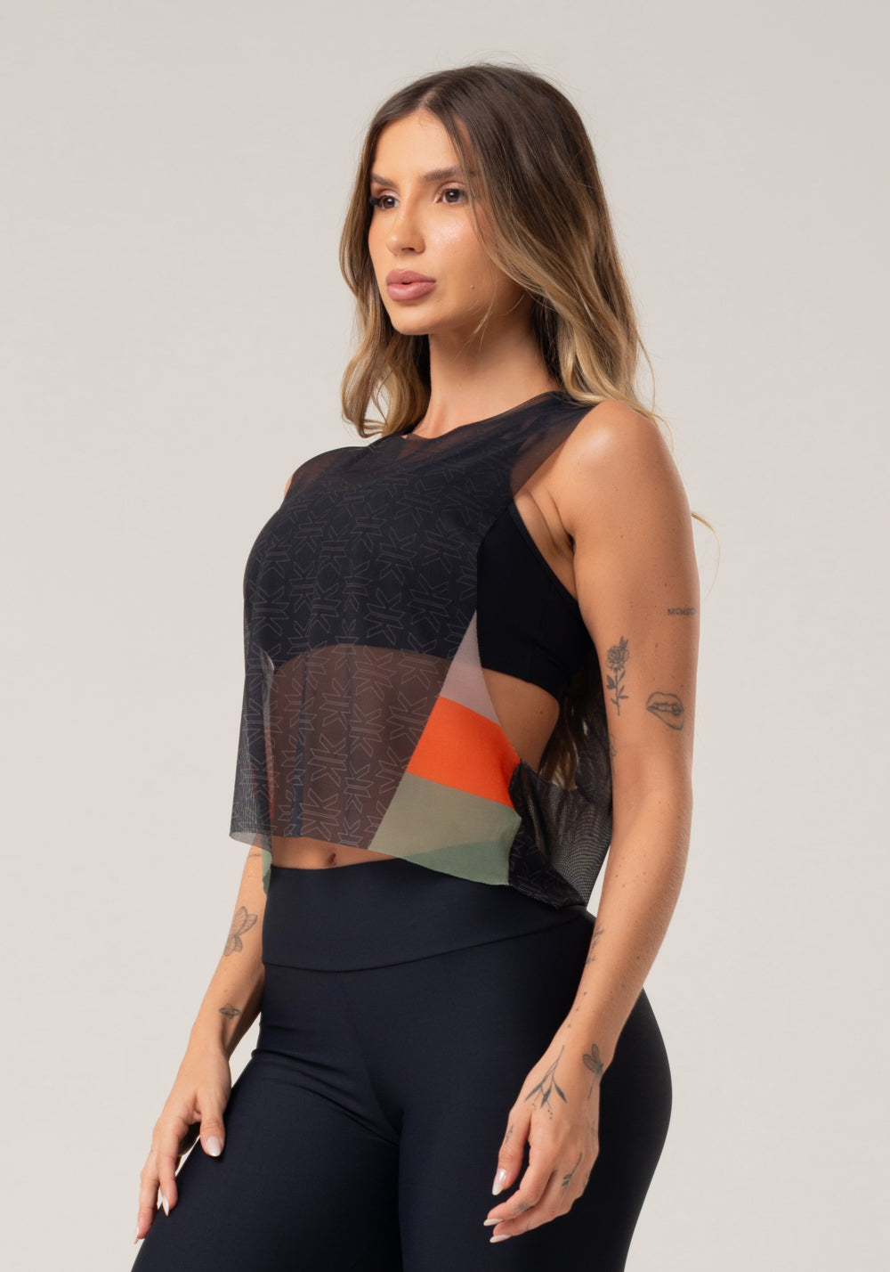 Cropped Feminino De Tule Estampado Motivation Preto Printed Dlk