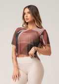 Blusa Feminina De Tule Estampada Strip Marrom Printed Dlk